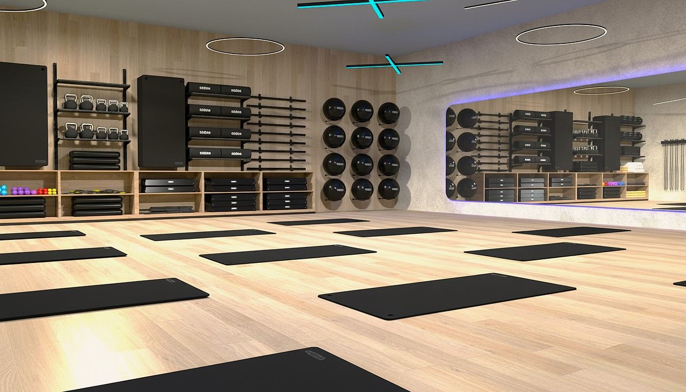 Sala corsi — tappetini e attrezzatura a parete