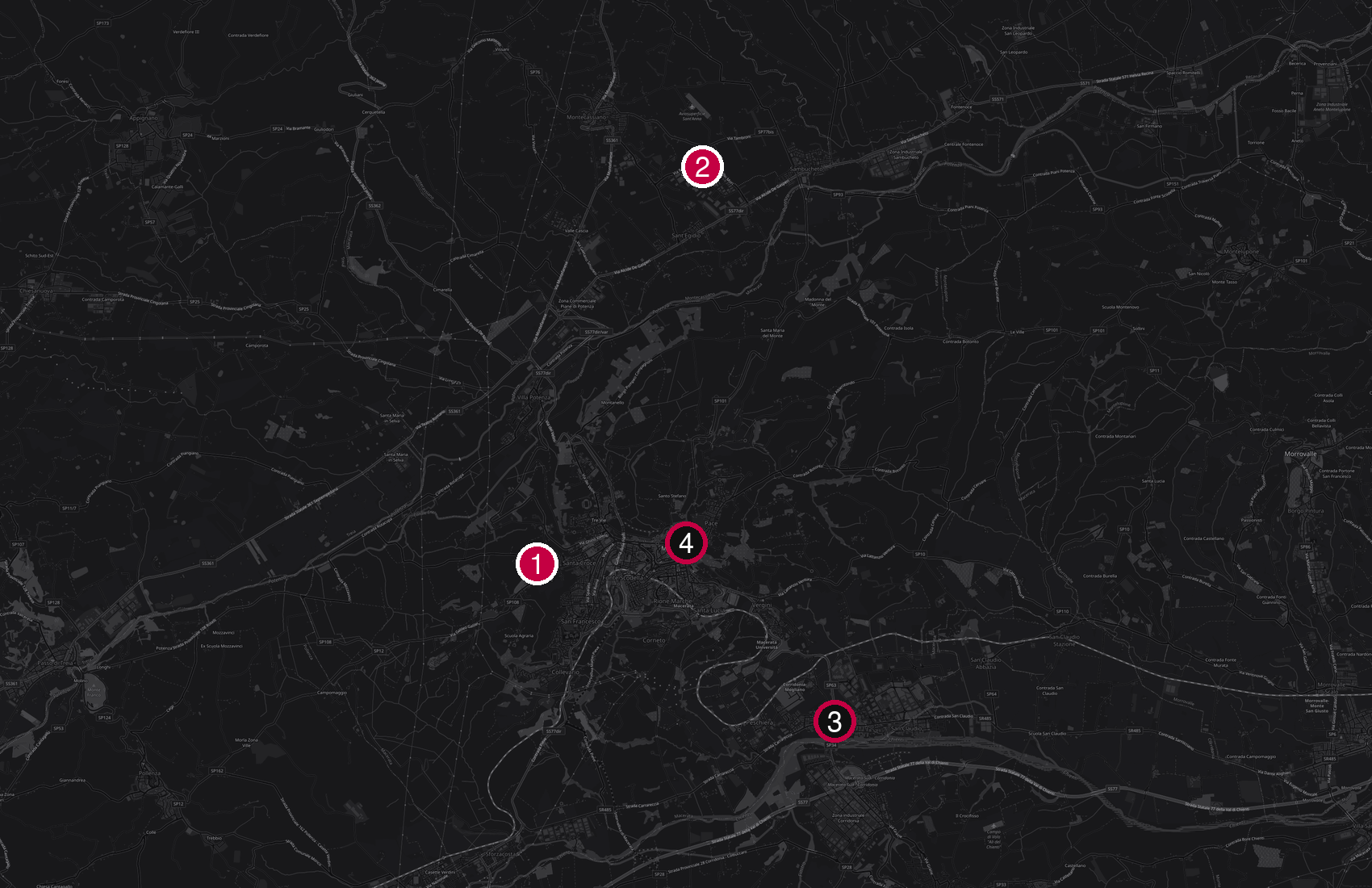 Mappa della zona di Macerata con la posizione dei quattro centri Lume